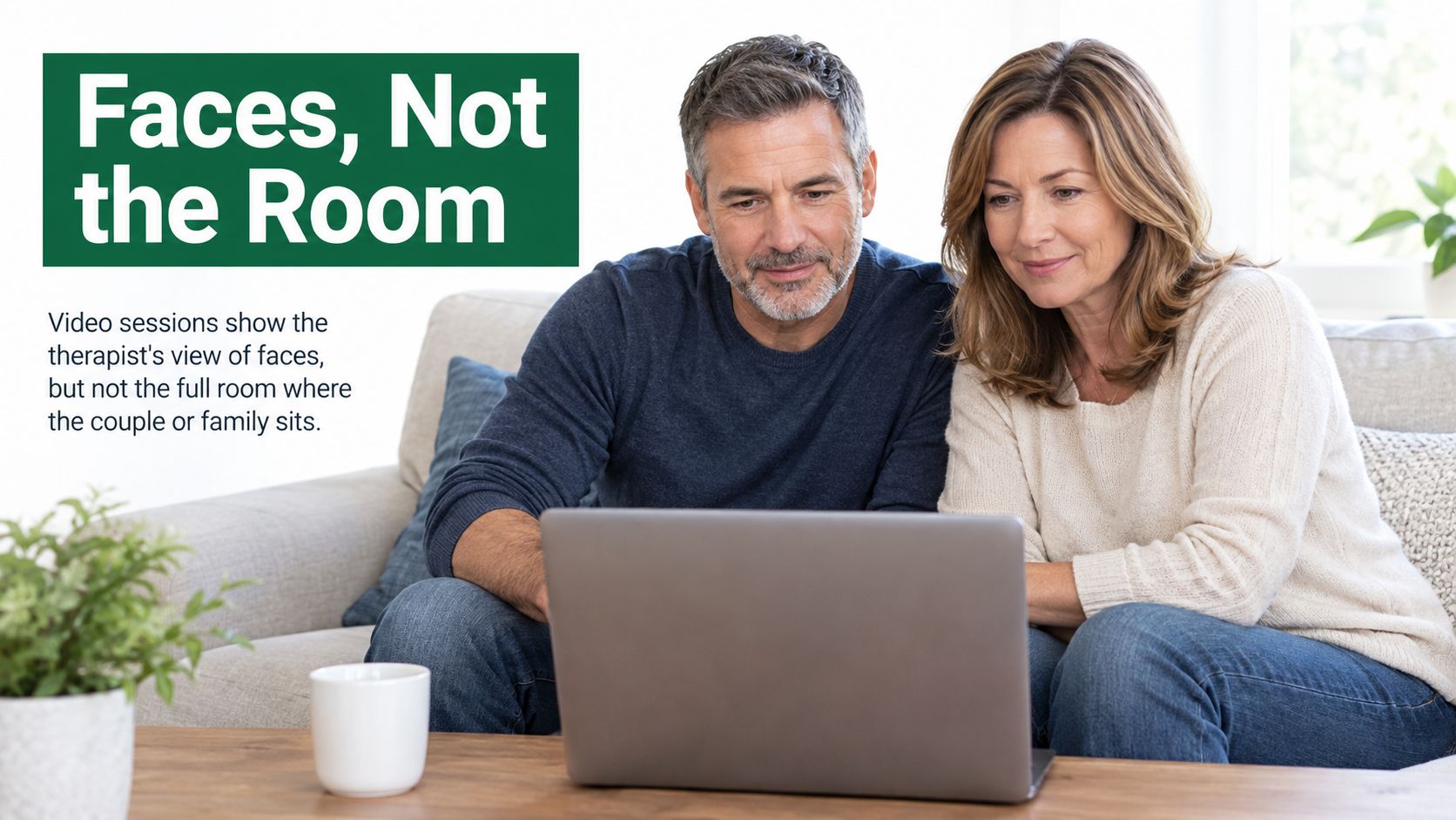 A middle-aged couple sitting on a sofa while looking at a laptop during a virtual therapy session.