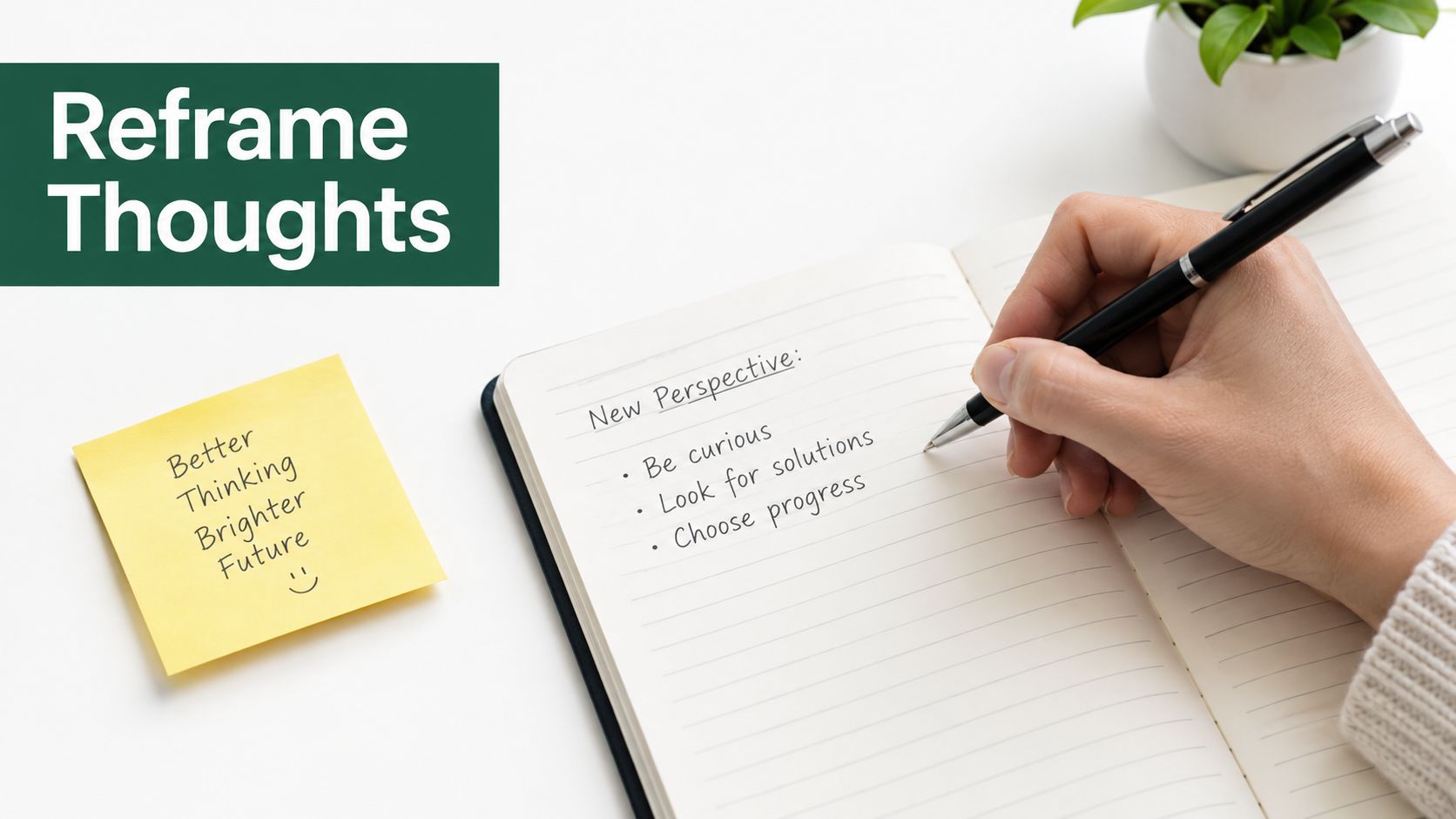 A hand writing new perspectives into a notebook with a yellow sticky note saying better thinking brighter future.