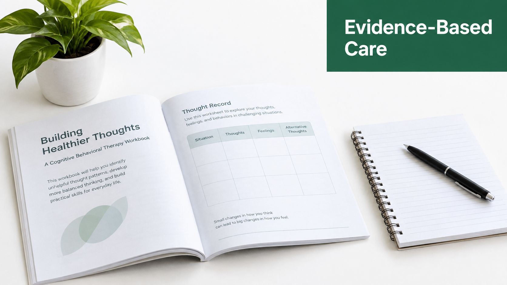 An open cognitive behavioral therapy workbook featuring a thought record chart for tracking emotions and mental habits.