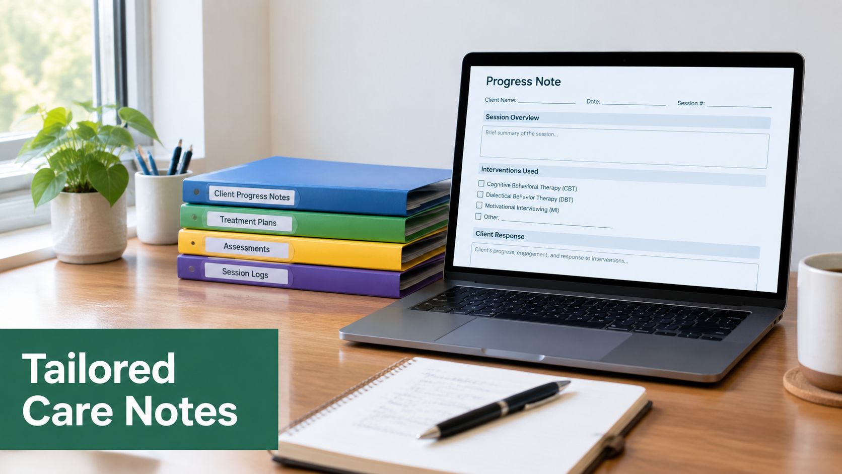 A professional therapy workspace showing a laptop with progress note software, organized binders, and a notepad.