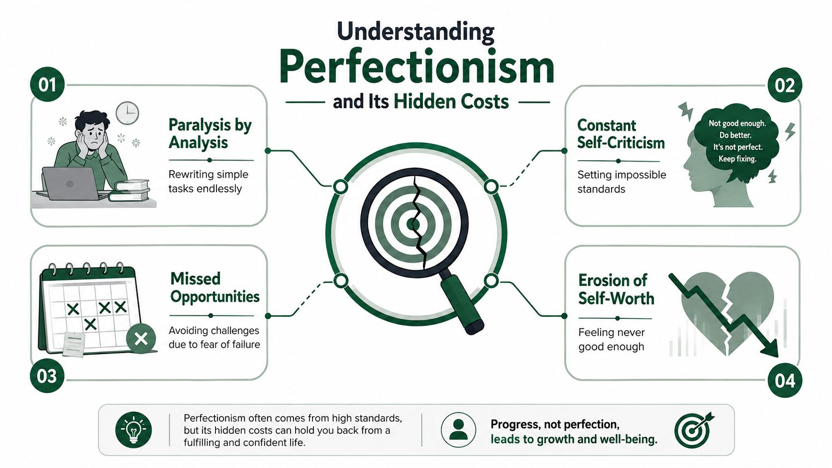 An infographic titled Understanding Perfectionism showing its four hidden costs and a central magnifying glass icon.
