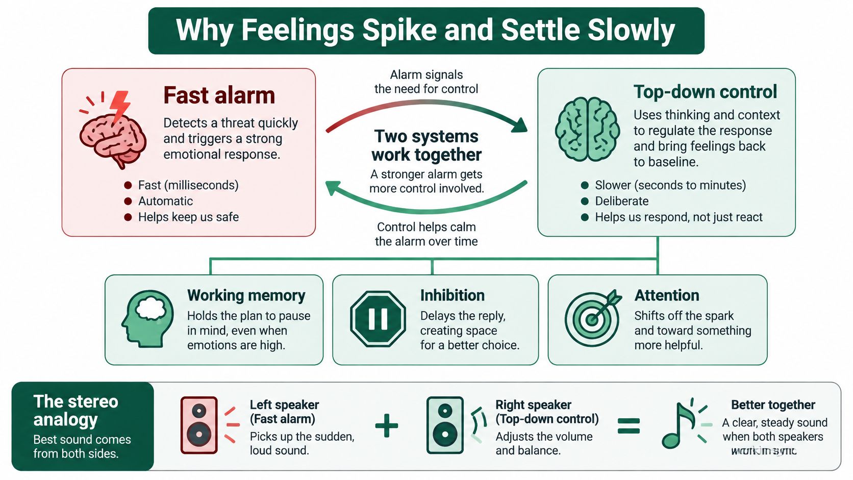 A diagram explaining how the fast emotional alarm system works with top-down control to regulate human feelings.