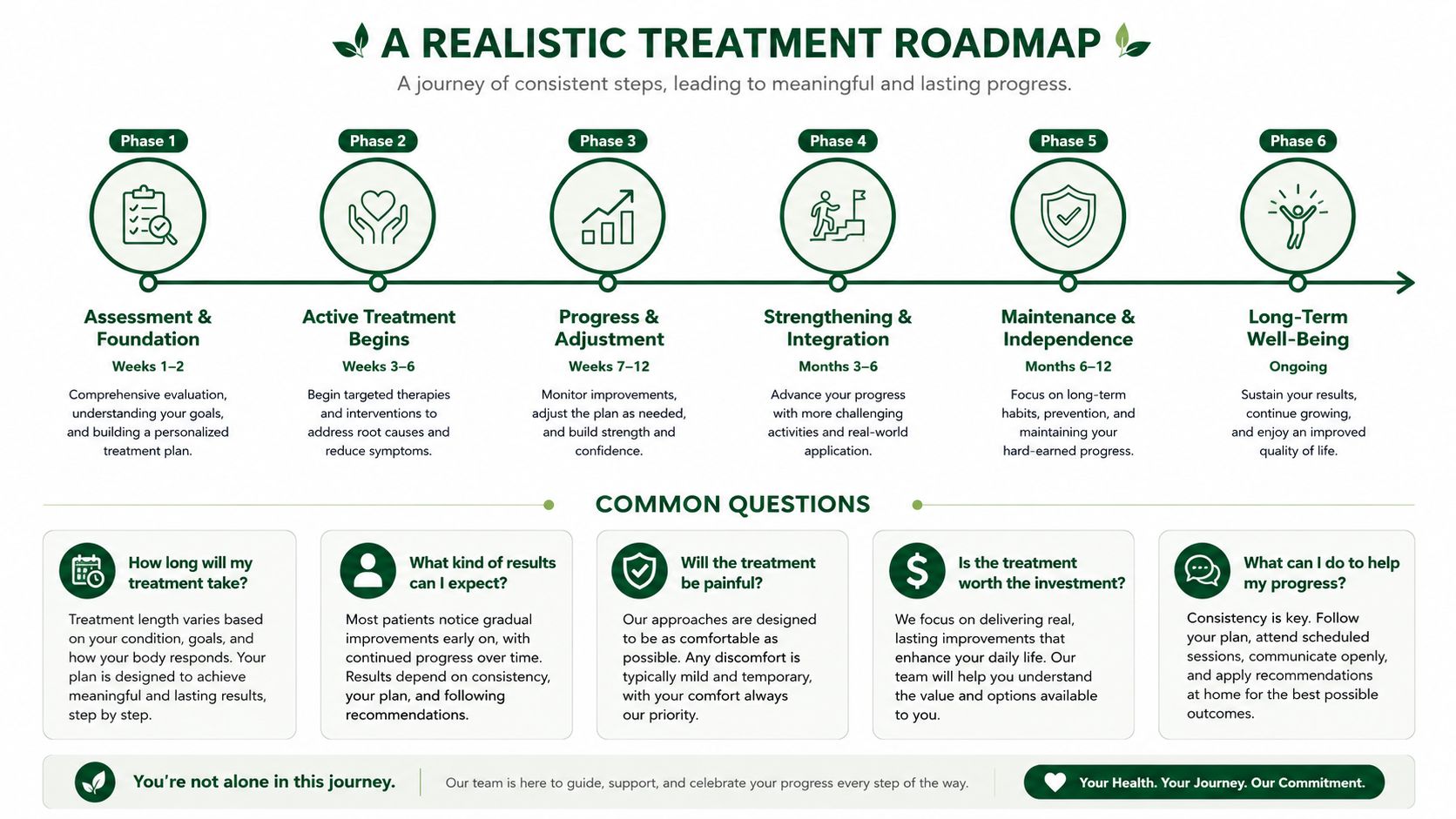 A visual roadmap outlining a six-phase treatment journey from initial assessment to long-term well-being and health.