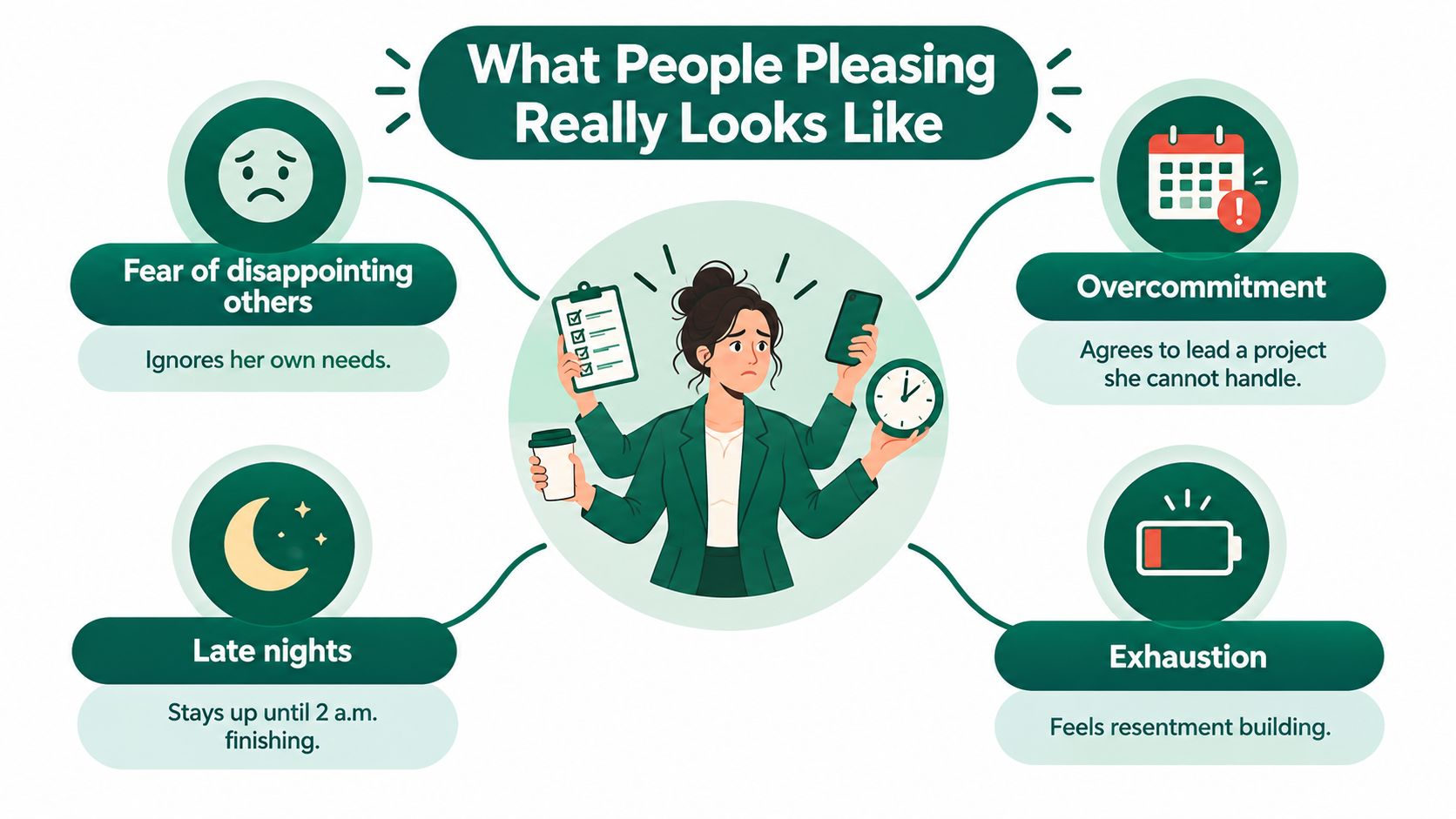 An infographic titled What People Pleasing Really Looks Like, showing a stressed woman with four behaviors.