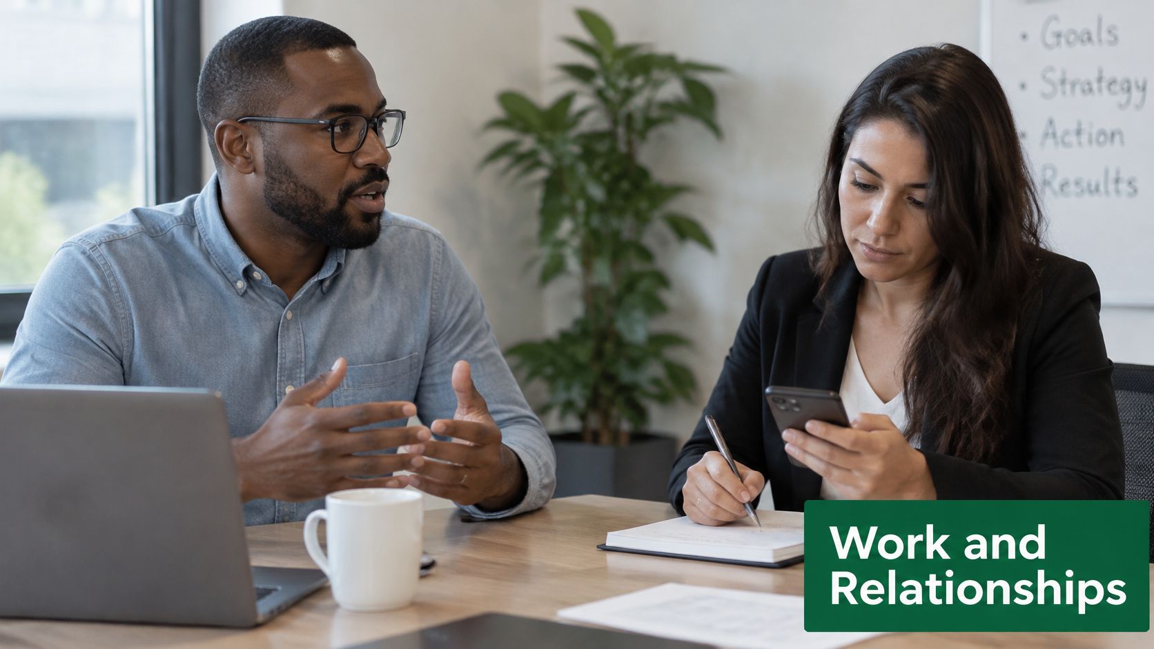 A professional man and woman collaborating in an office setting, discussing work while using technology.
