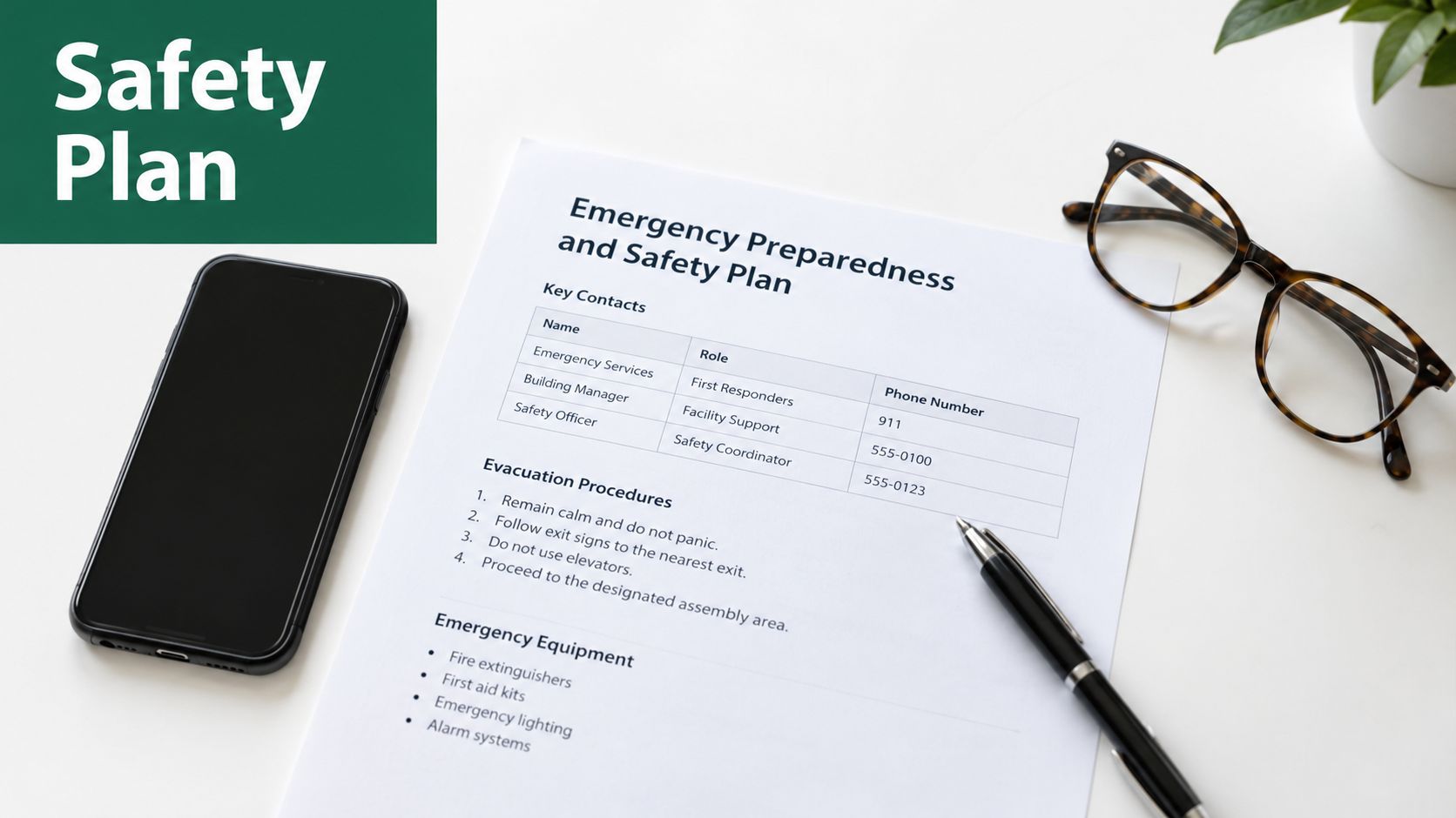 A professional desk workspace featuring an emergency preparedness and safety plan document, glasses, a pen, and smartphone.