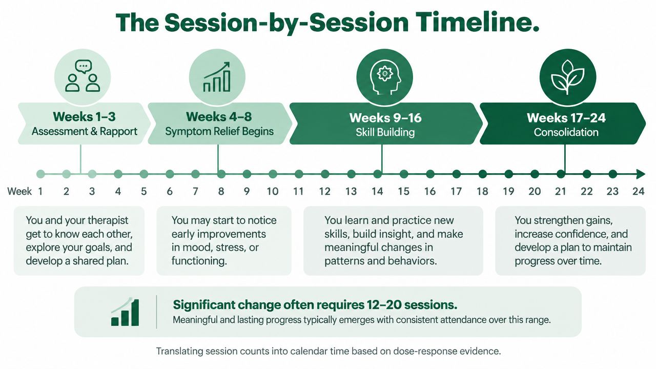 A timeline graphic illustrating the stages of therapy sessions from weeks one through twenty-four, showing progression from assessment to consolidation.