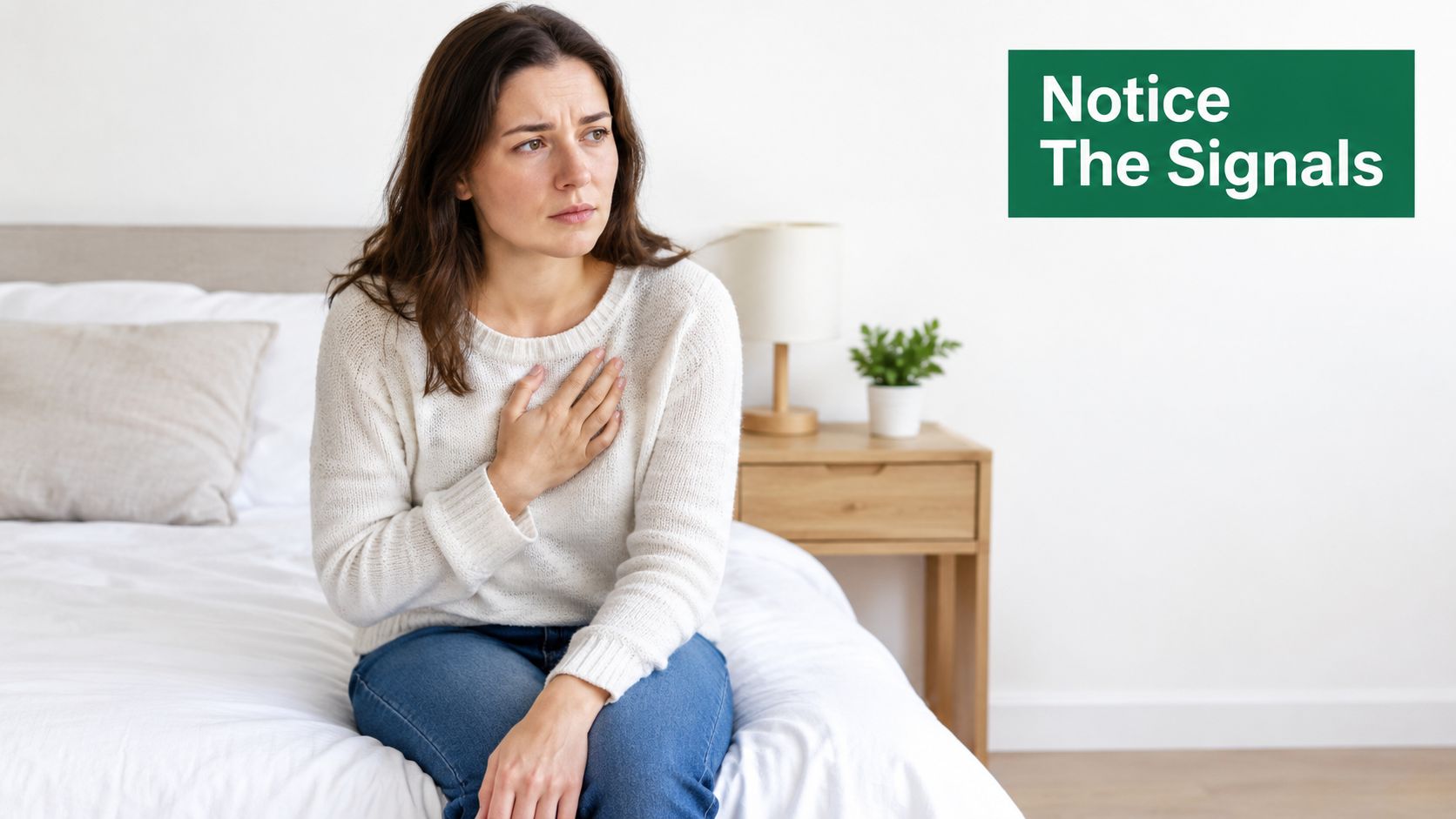 A concerned woman sitting on a bed with her hand on her chest looking away thoughtfully.