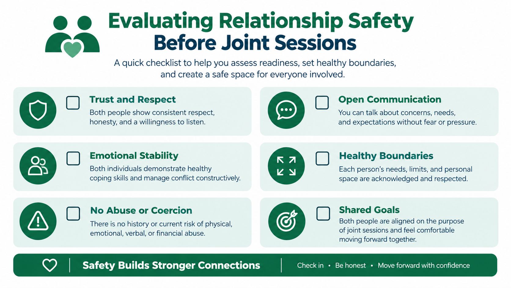 A checklist for evaluating relationship safety and readiness before starting joint therapy or counseling sessions together.