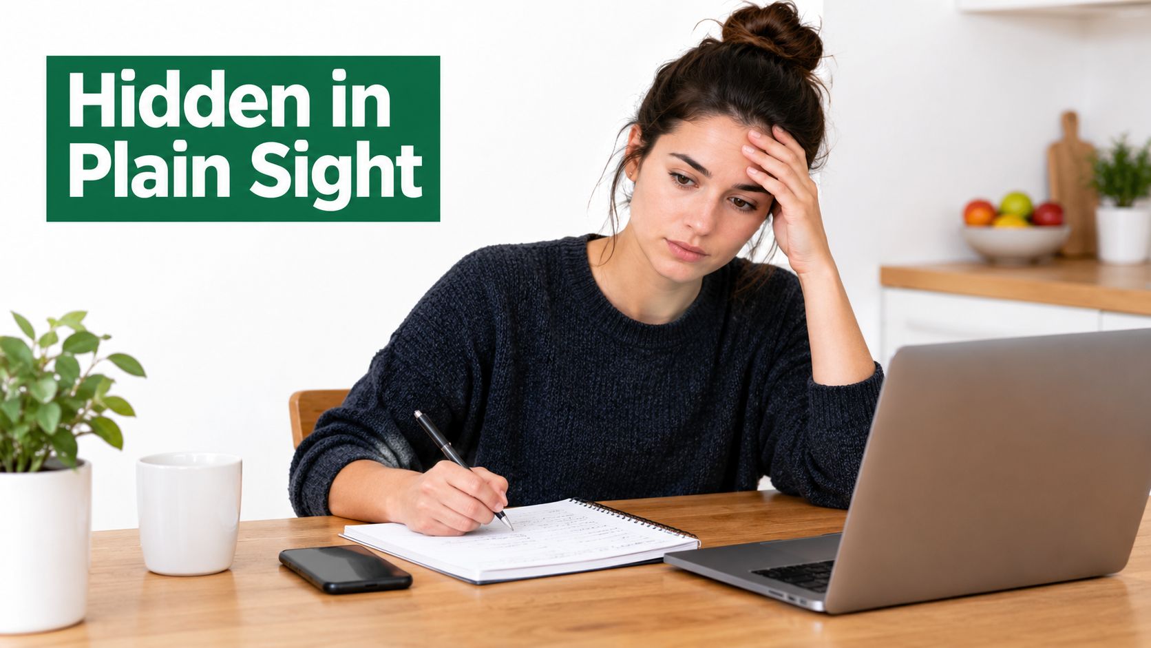 A woman looks stressed while studying or working on her laptop at a wooden table.