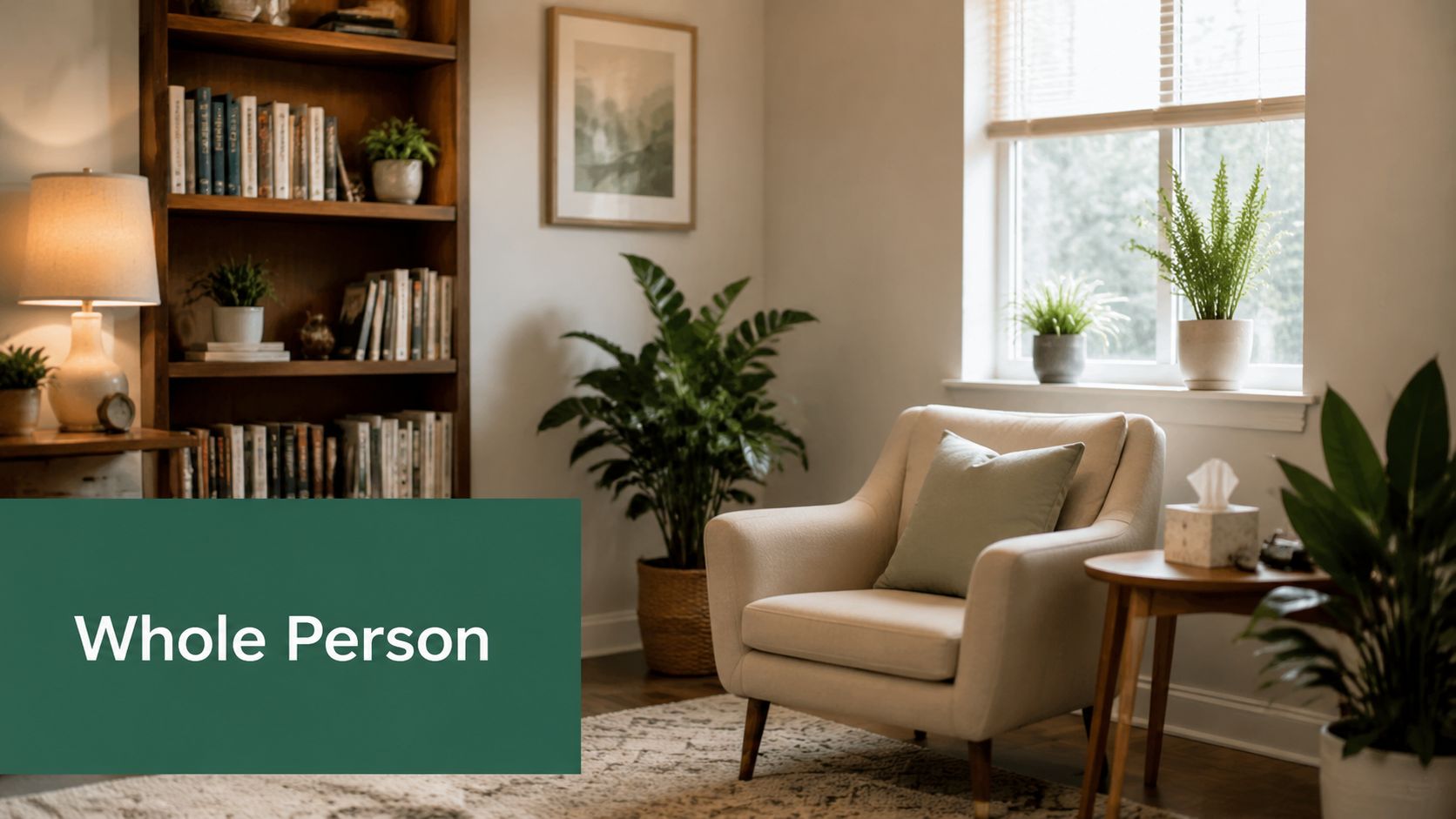 A cozy, sunlit living room with a comfortable armchair, a large bookshelf, and several green potted plants.