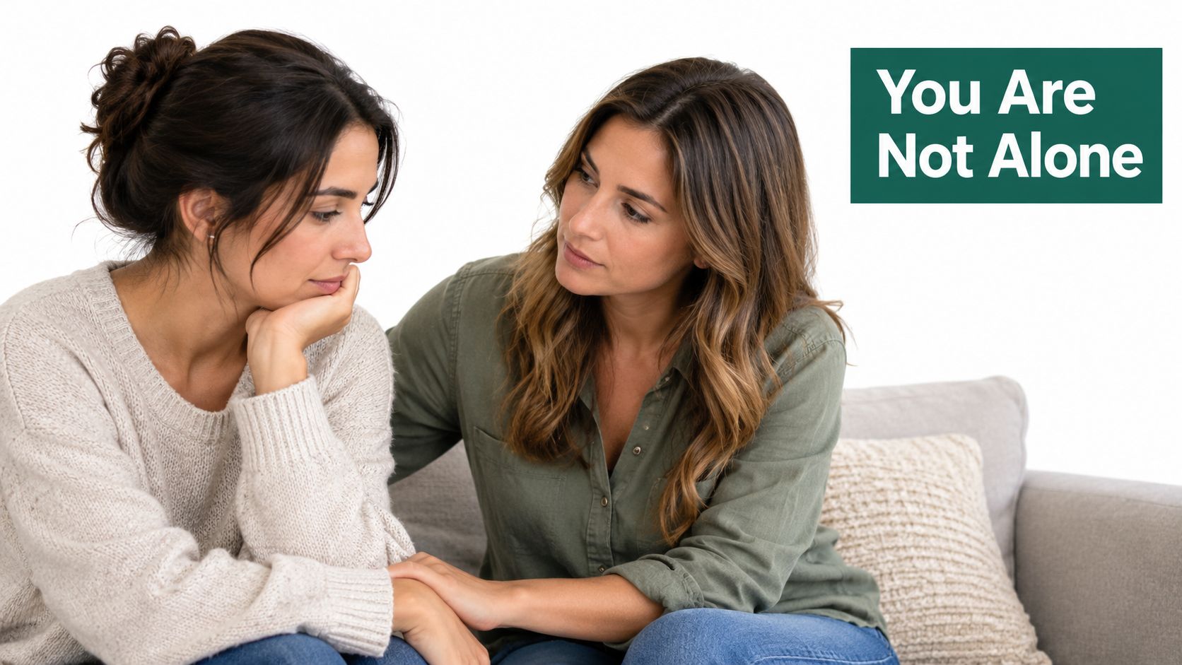 A concerned woman offering emotional support and comfort to her sad friend while sitting on a couch.