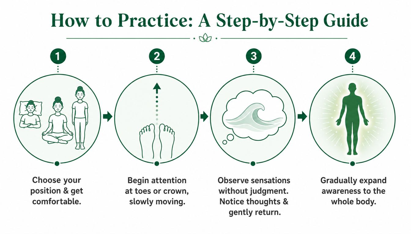 A four-step infographic guide illustrating how to practice body scan meditation for mindfulness and relaxation.