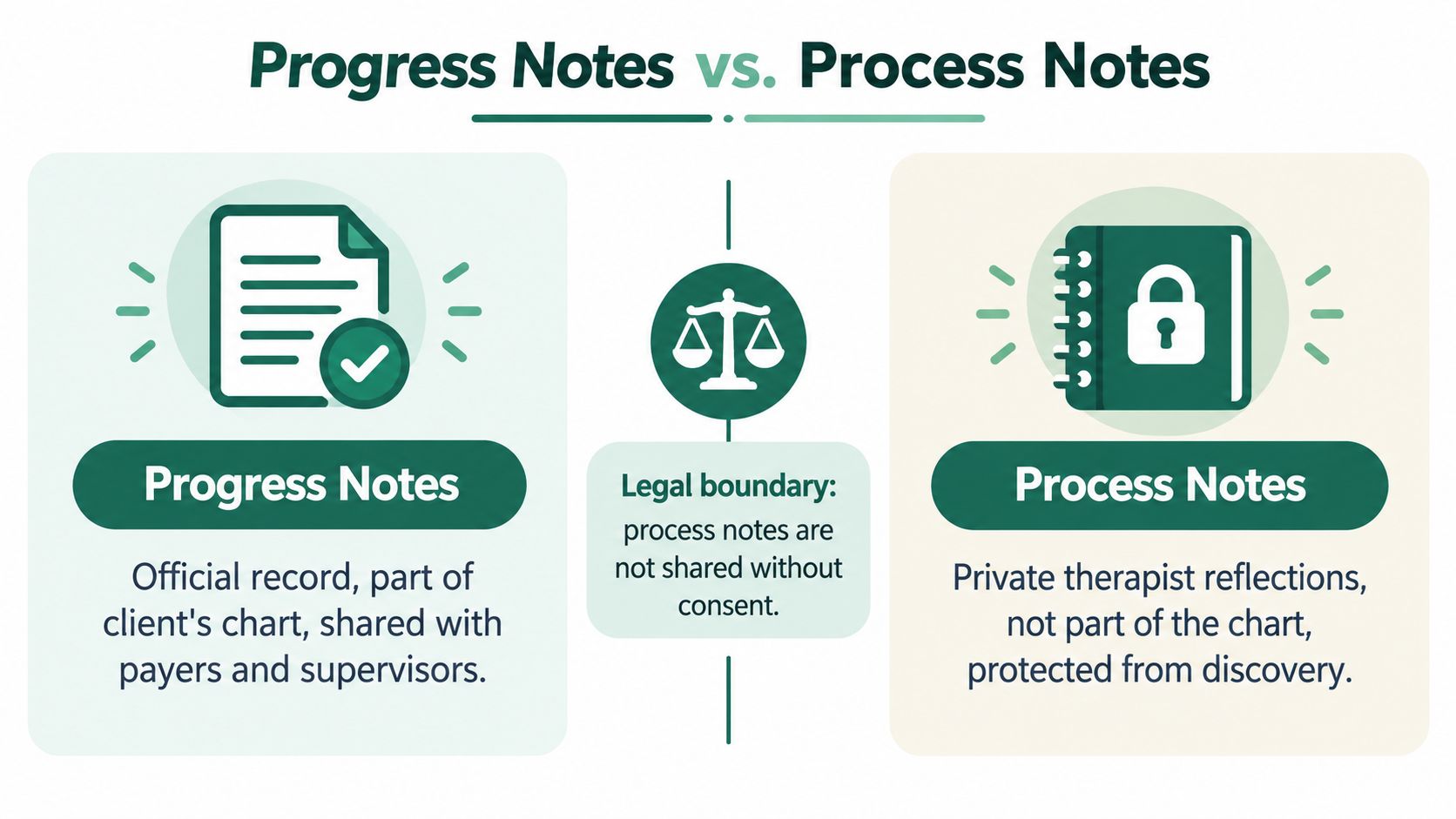 A comparison chart explaining the differences between clinical progress notes and private therapist process notes.