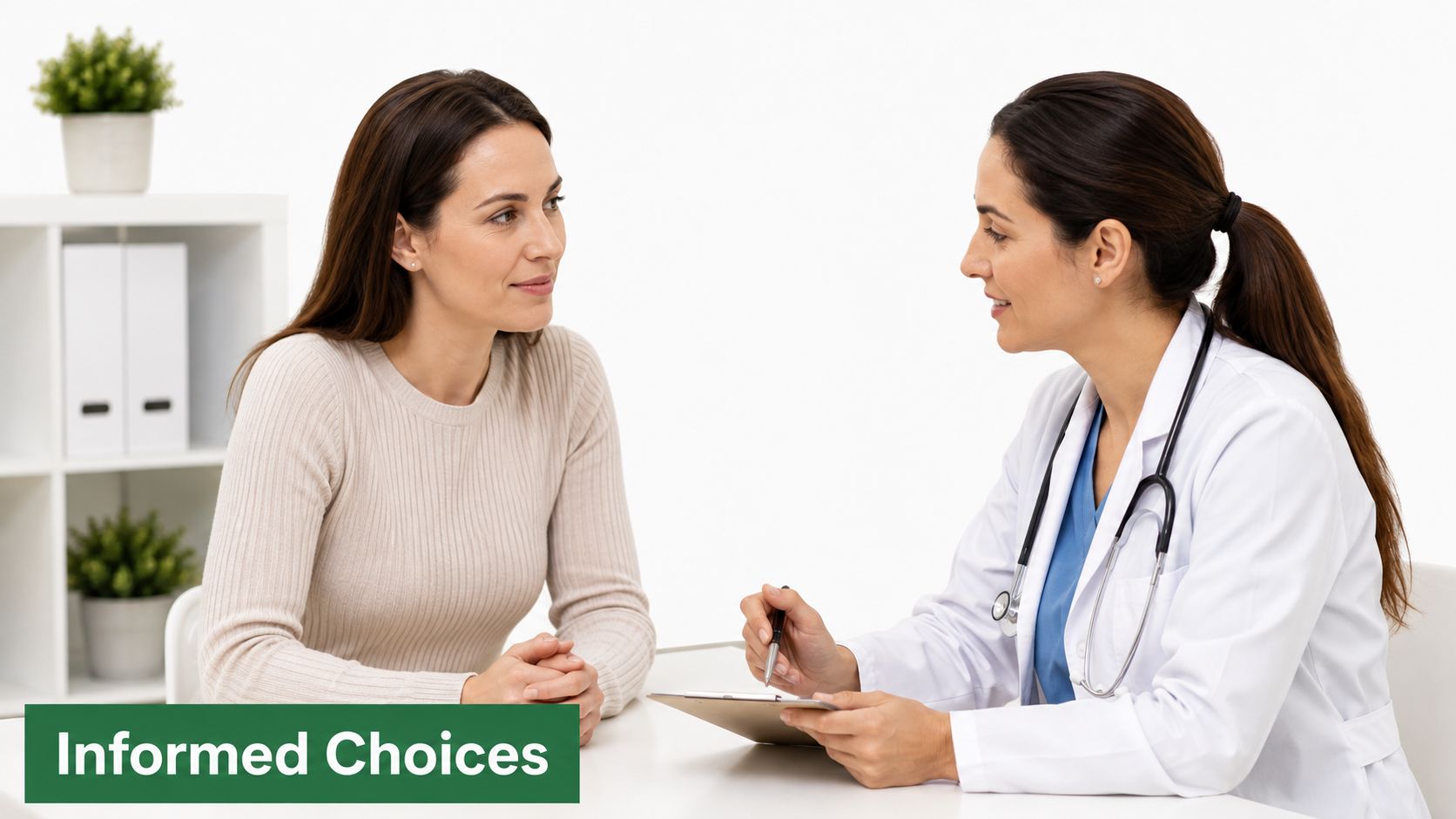 A female doctor in a white coat consulting with a female patient in a professional medical office.