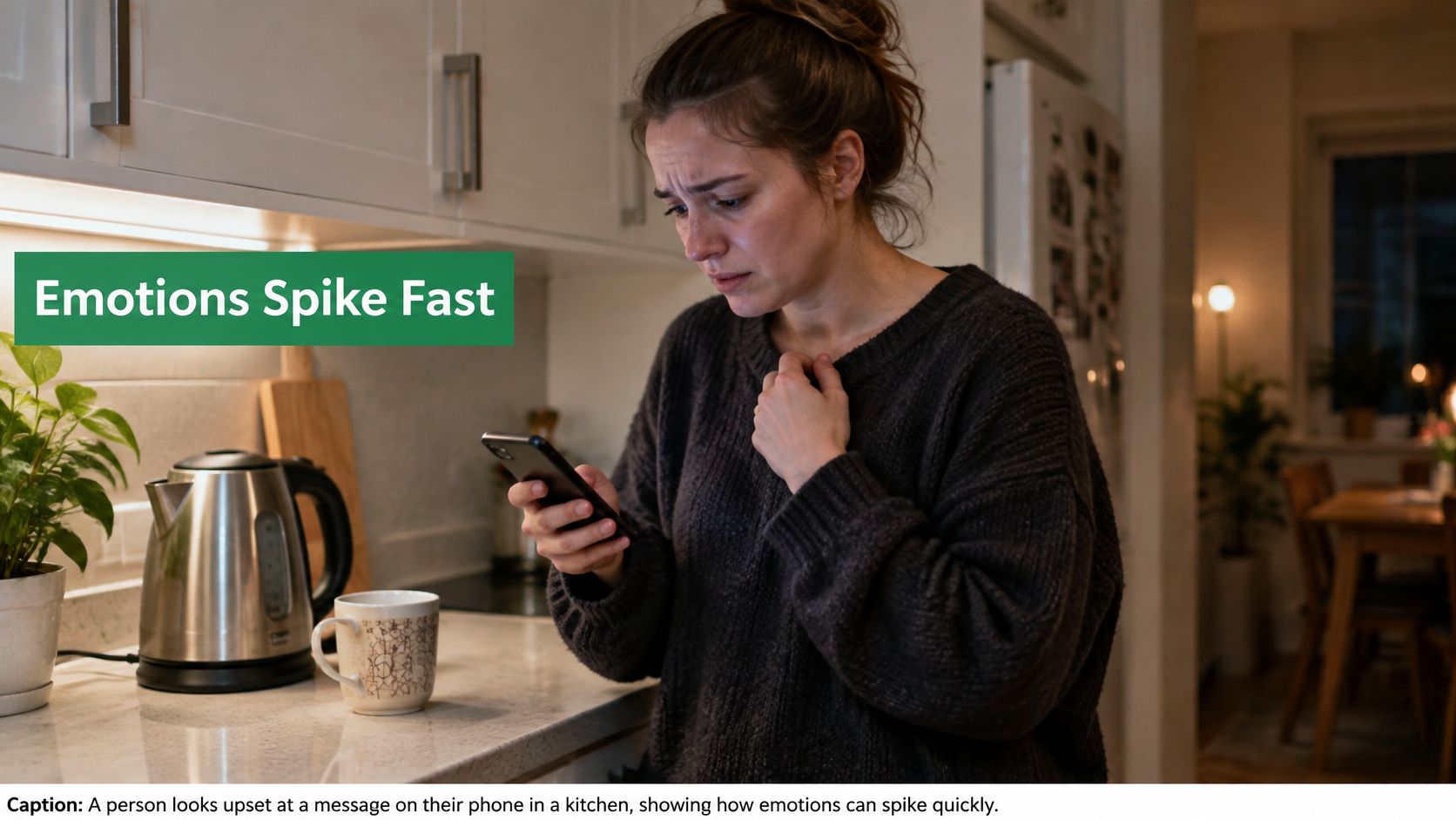 A distressed woman looks upset while reading a text message on her phone in a kitchen.