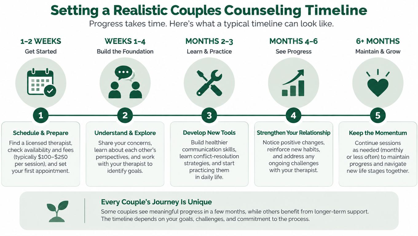 A timeline graphic illustrating the typical steps and phases involved in a successful couples counseling process.