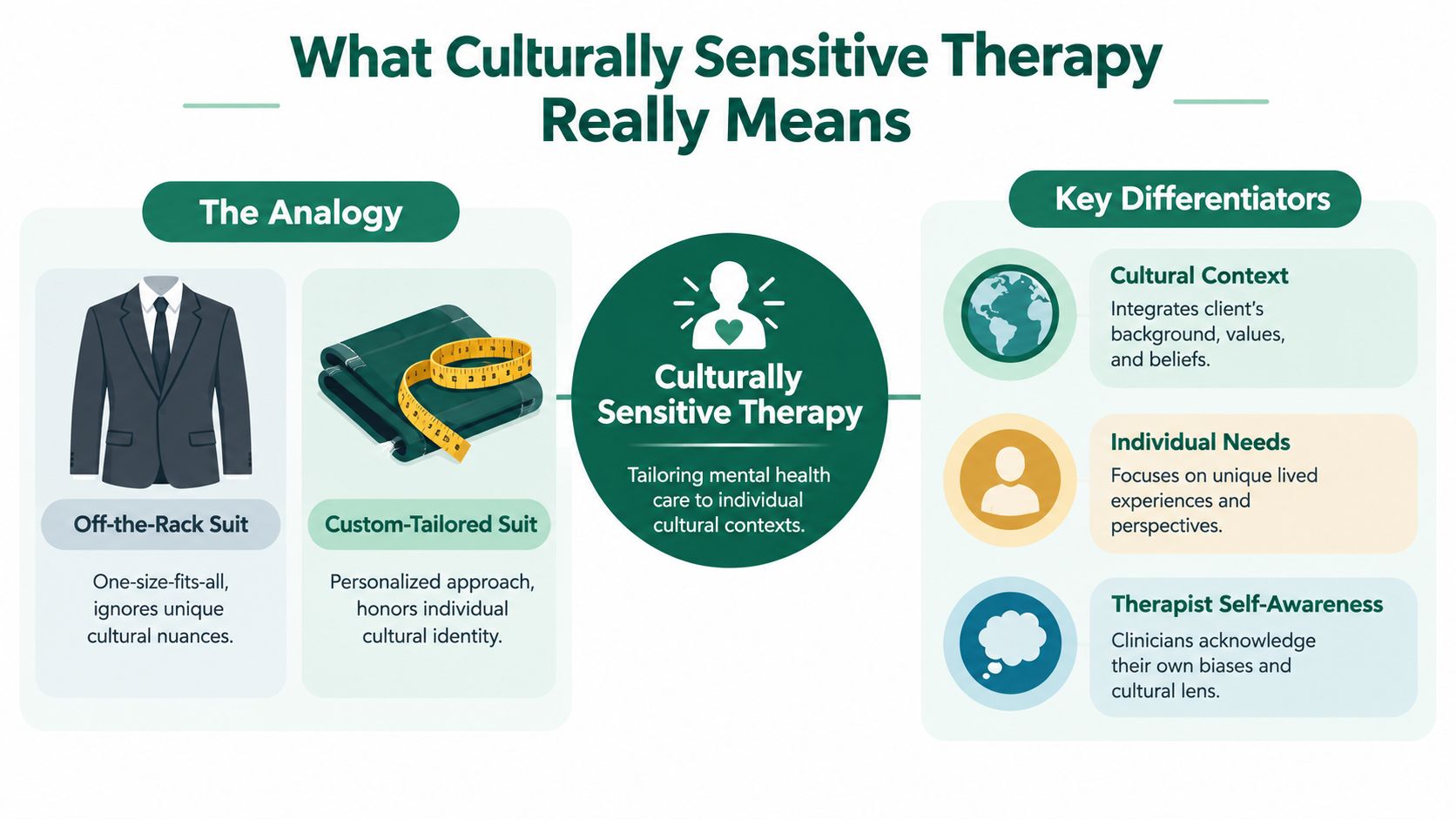 An infographic explaining culturally sensitive therapy by comparing off-the-rack suits to custom-tailored suits as an analogy.