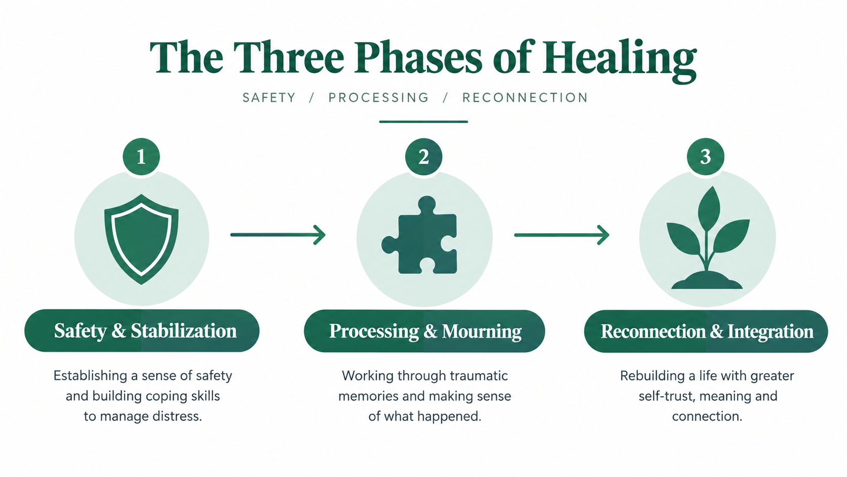 A diagram illustrating the three phases of healing: safety and stabilization, processing and mourning, and reconnection and integration.