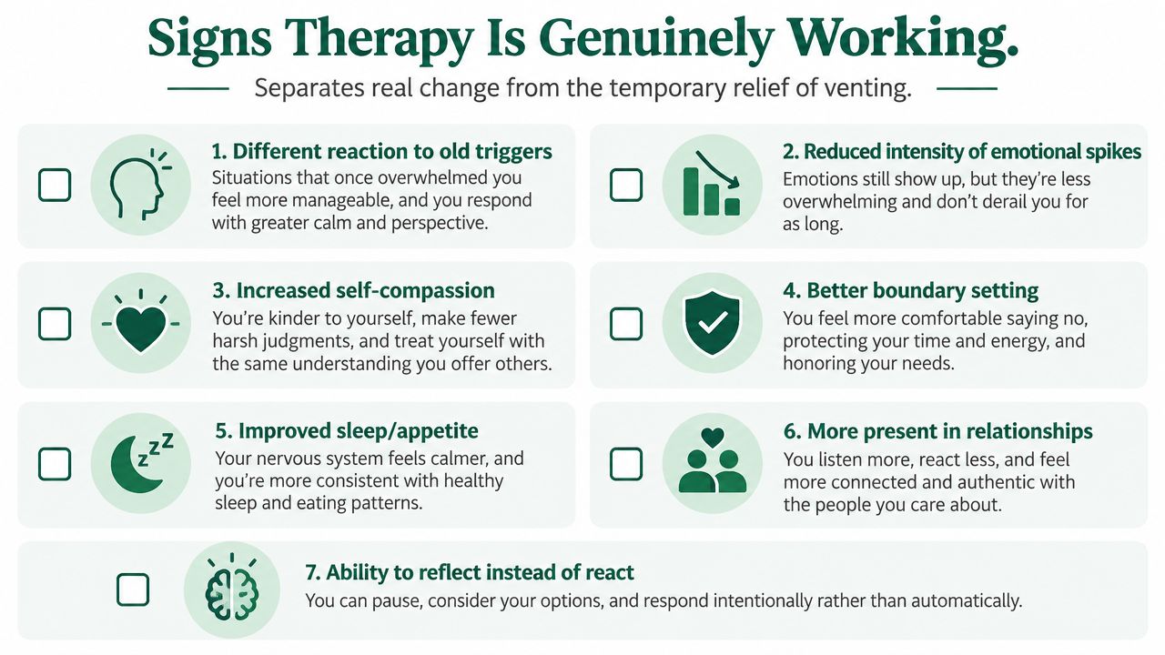 An infographic list showing seven common signs that therapy is genuinely working for personal growth and mental health.