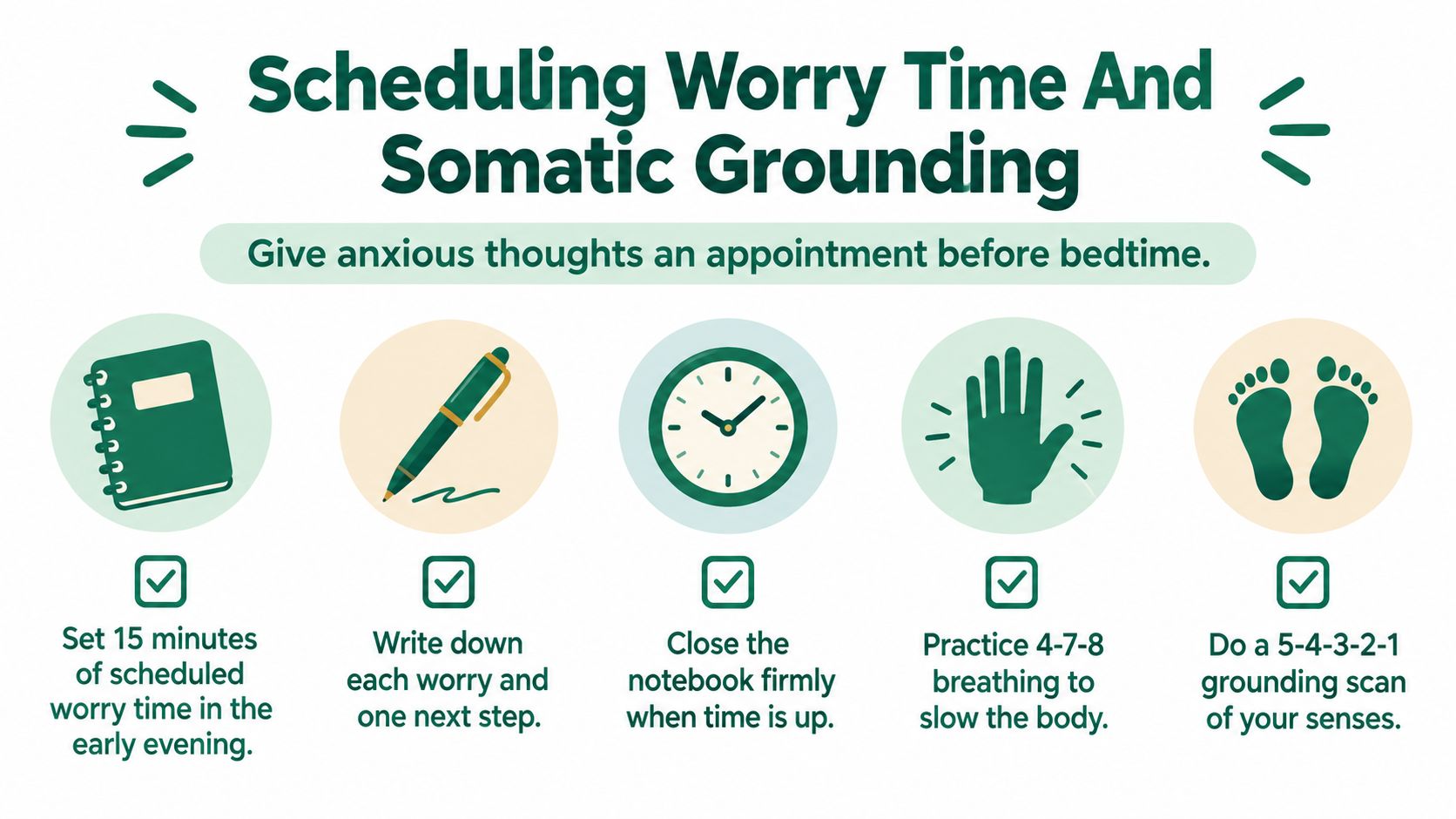 An infographic titled Scheduling Worry Time and Somatic Grounding, illustrating five steps to manage bedtime anxiety.