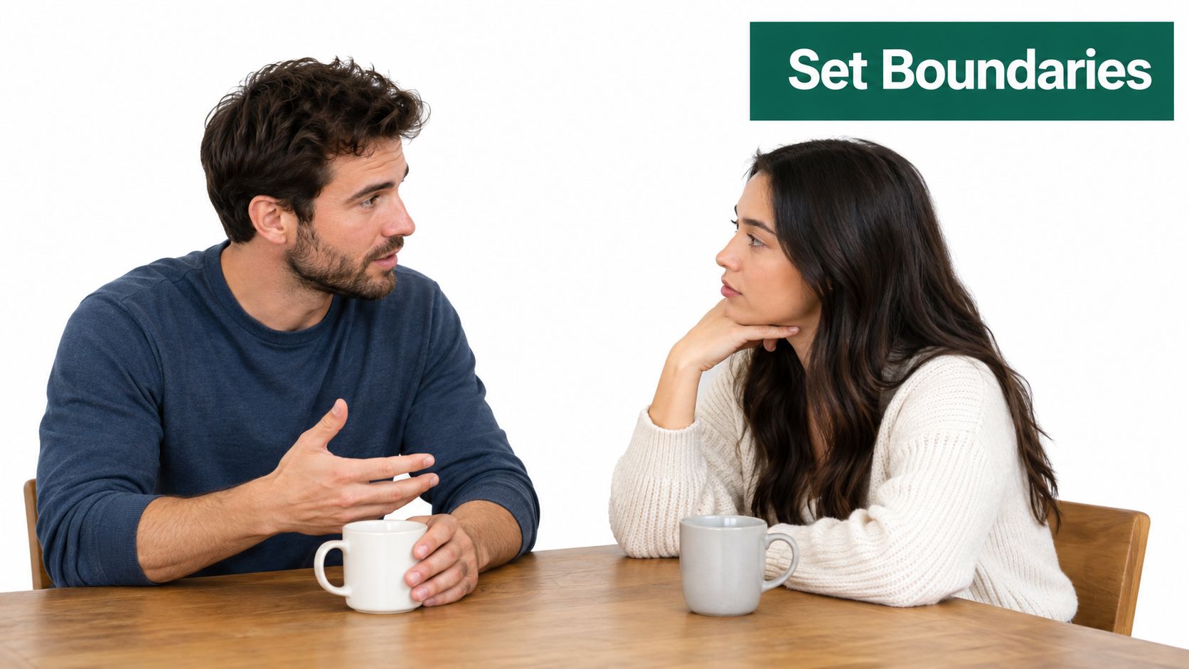 A young couple sitting at a wooden table having a serious conversation while drinking coffee together.