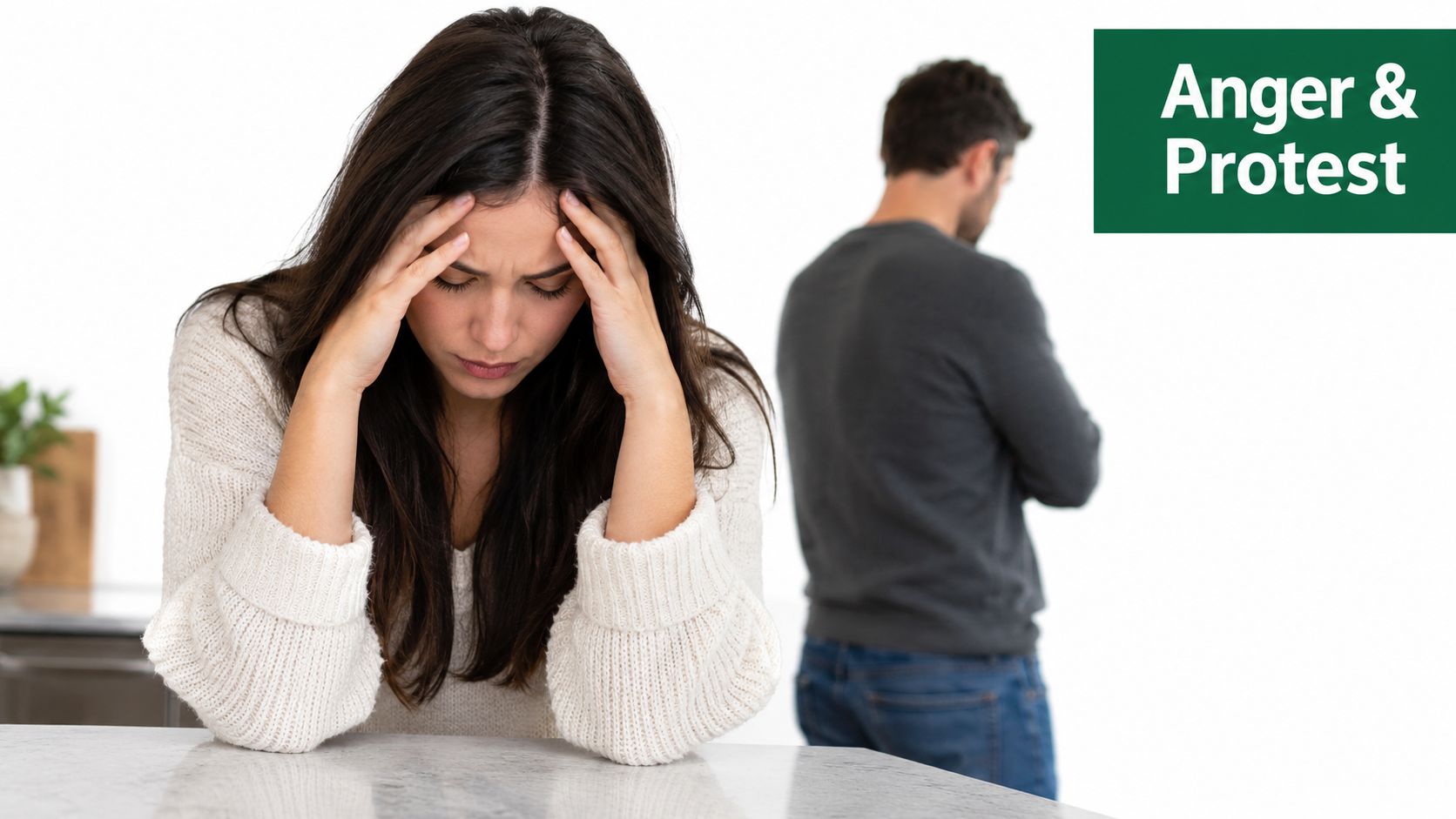 A woman looks stressed with her hands on her head while a man turns away from her.