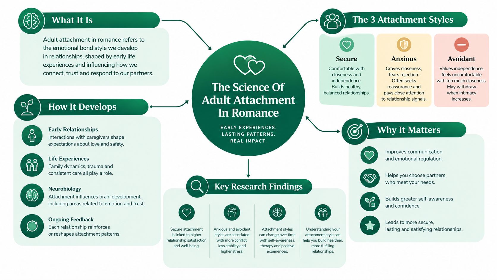 An infographic titled The Science of Adult Attachment in Romance explaining styles, development, and importance.