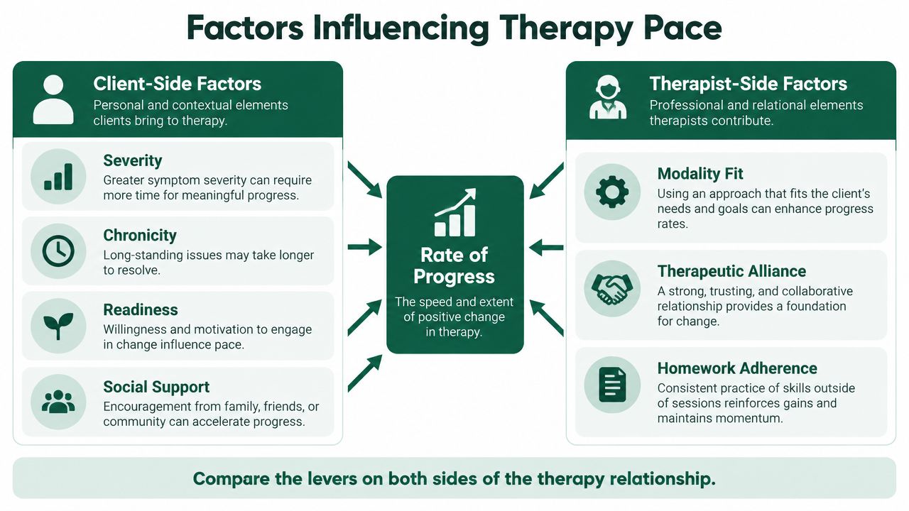 A diagram illustrating factors influencing therapy pace, including both client-side and therapist-side contributors to progress.