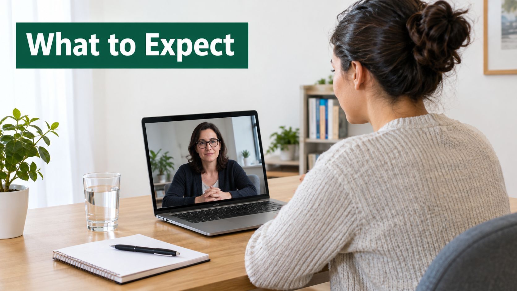 A woman participating in an online therapy session via video call on her laptop at home.