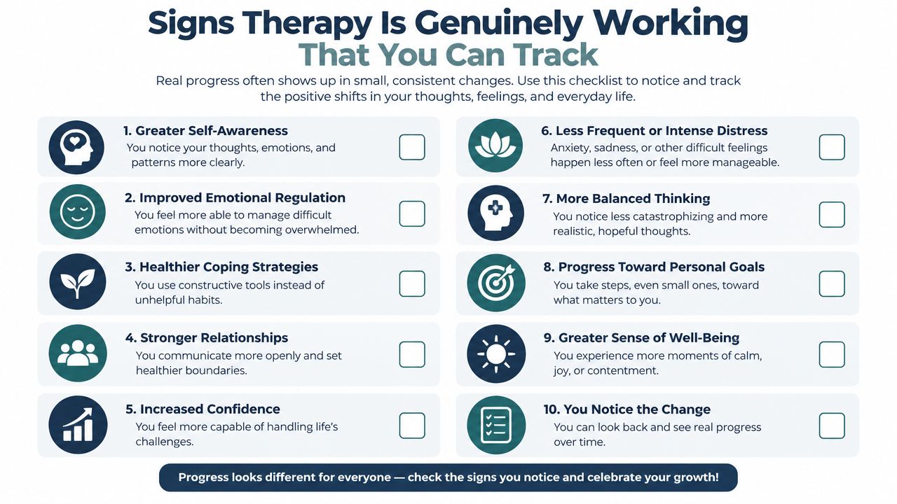 A checklist infographic titled Signs Therapy Is Genuinely Working, listing ten observable positive changes in personal growth.