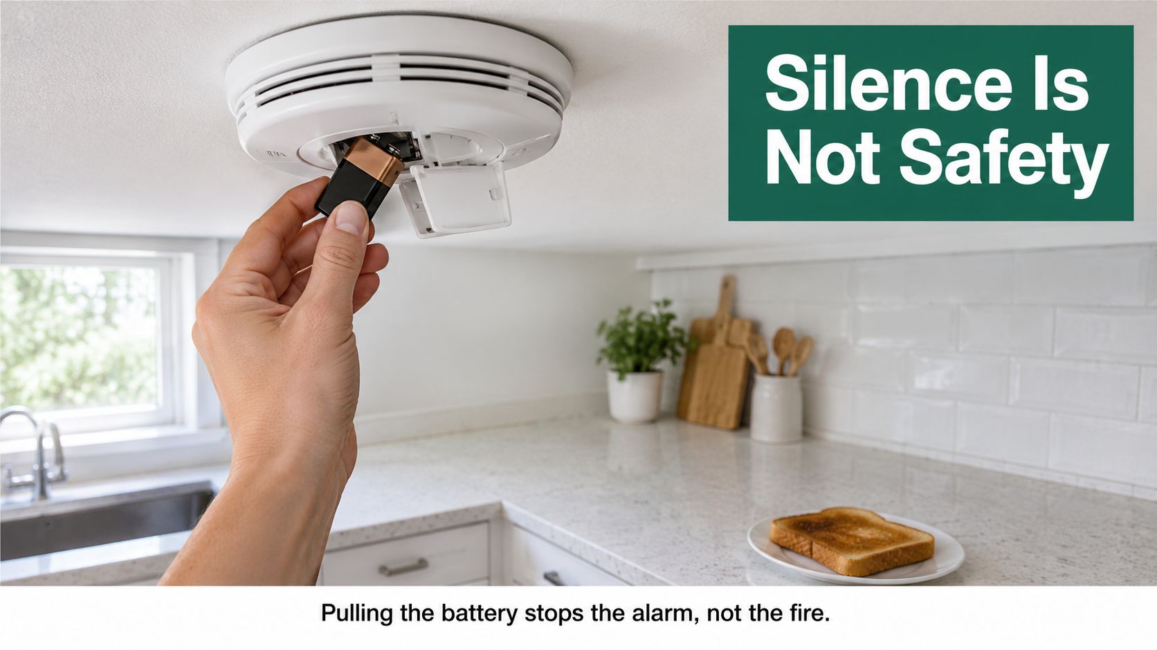 A hand removing a battery from a smoke detector in a kitchen with text stating silence is not safety.