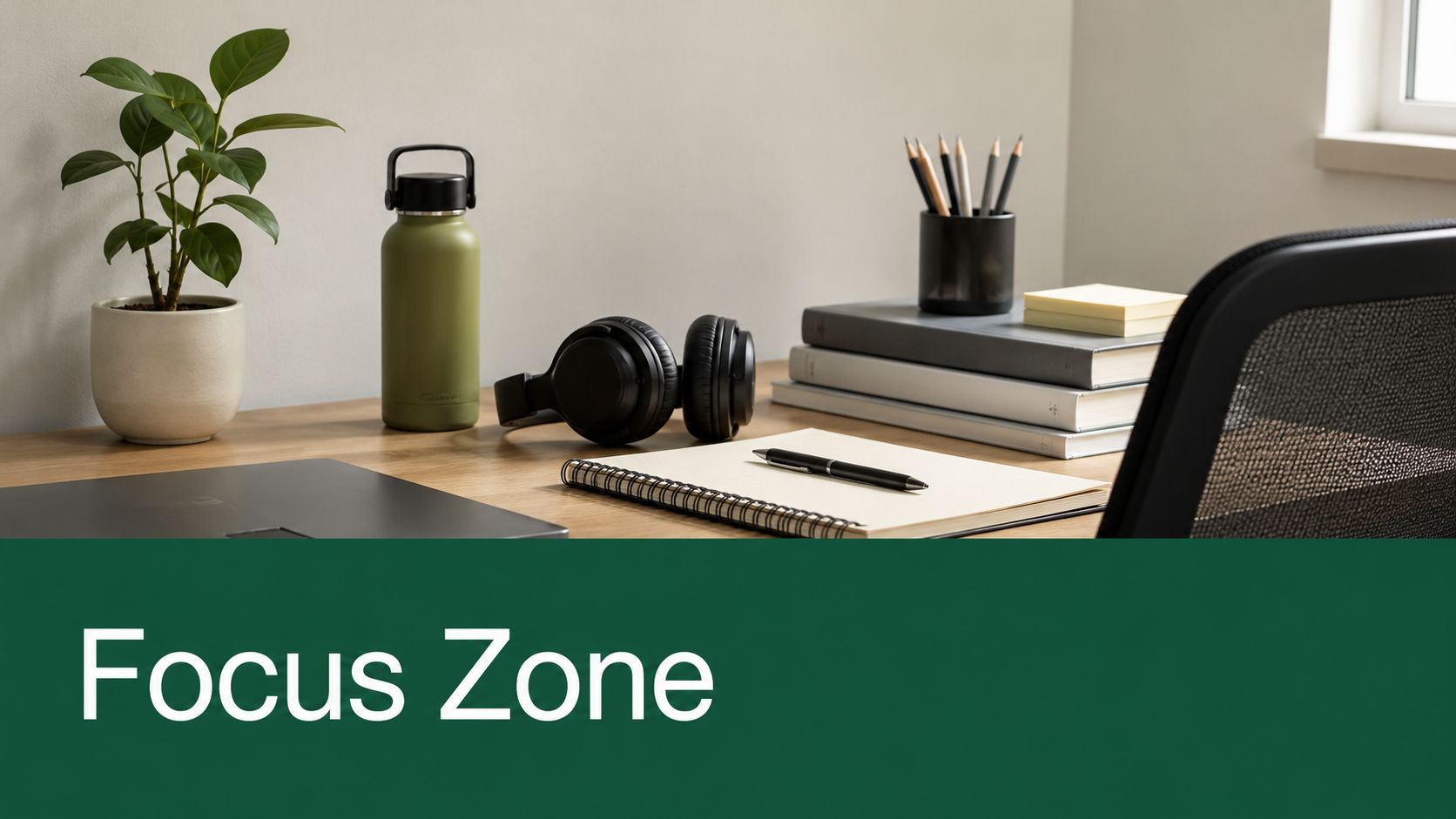 A clean, organized desk with a plant, headphones, notebook, and stationery, creating a productive focus zone environment.
