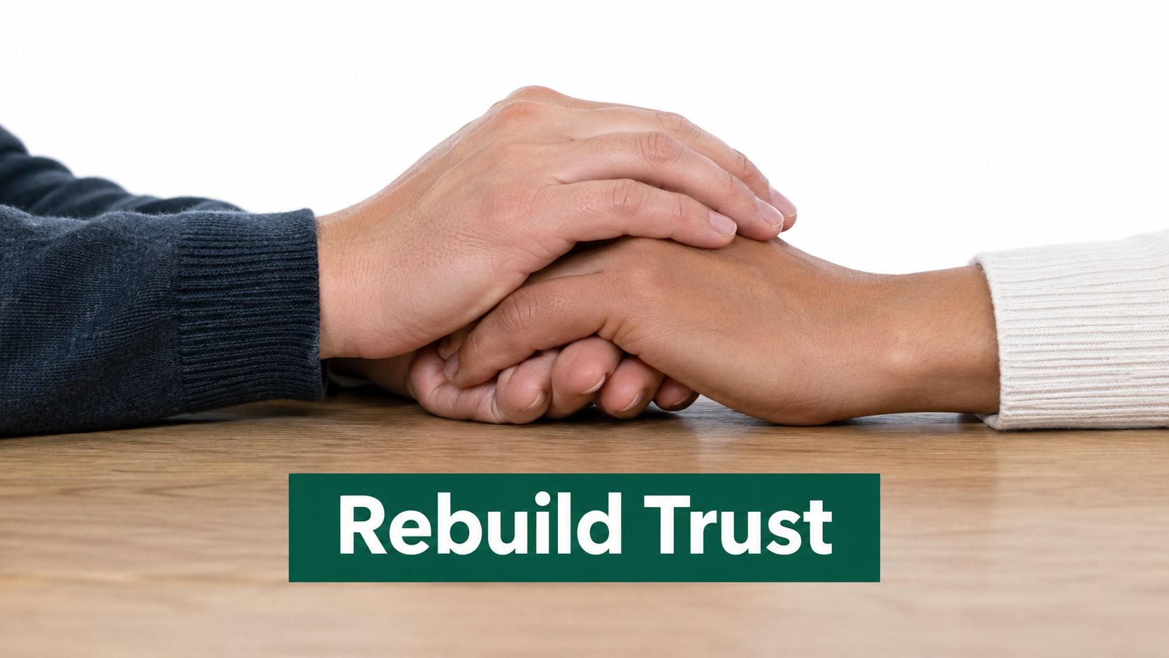 Two people holding hands on a wooden table, representing a supportive gesture and emotional connection for healing.