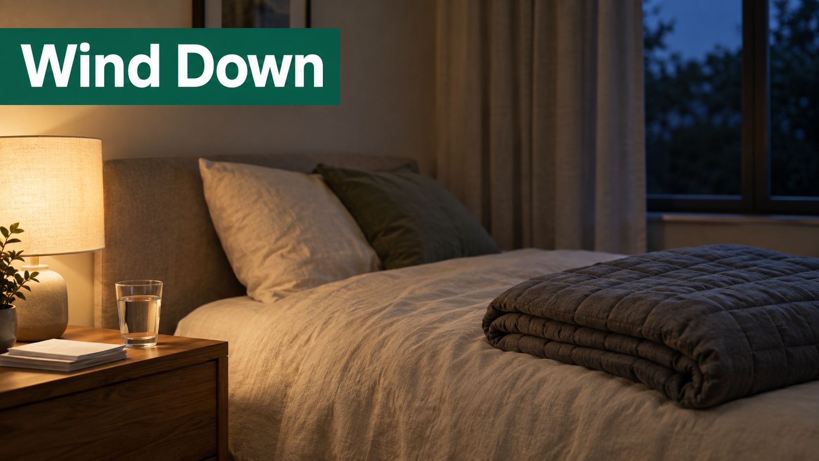 A cozy bedroom scene at night with a bedside lamp, a glass of water, and a blanket.