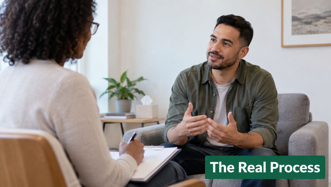 A patient discussing his mental health with a female therapist during a counseling session in an office.