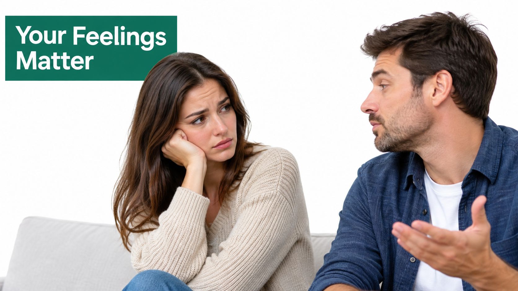 A concerned man talking to a woman who looks sad and pensive during a serious conversation.