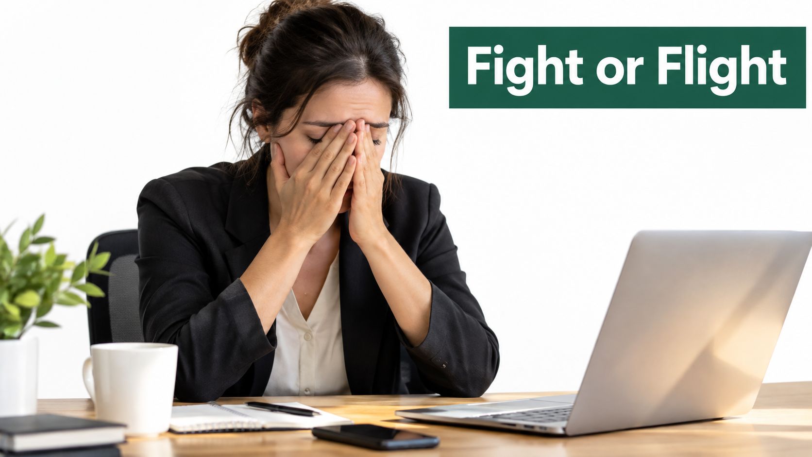 Stressed business woman covering her face with hands in front of a laptop computer at desk