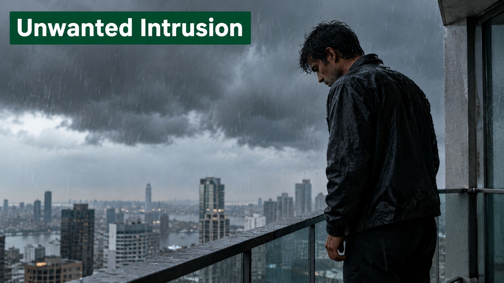A man in a rain-soaked jacket stands alone on a balcony, looking down over a gloomy city.