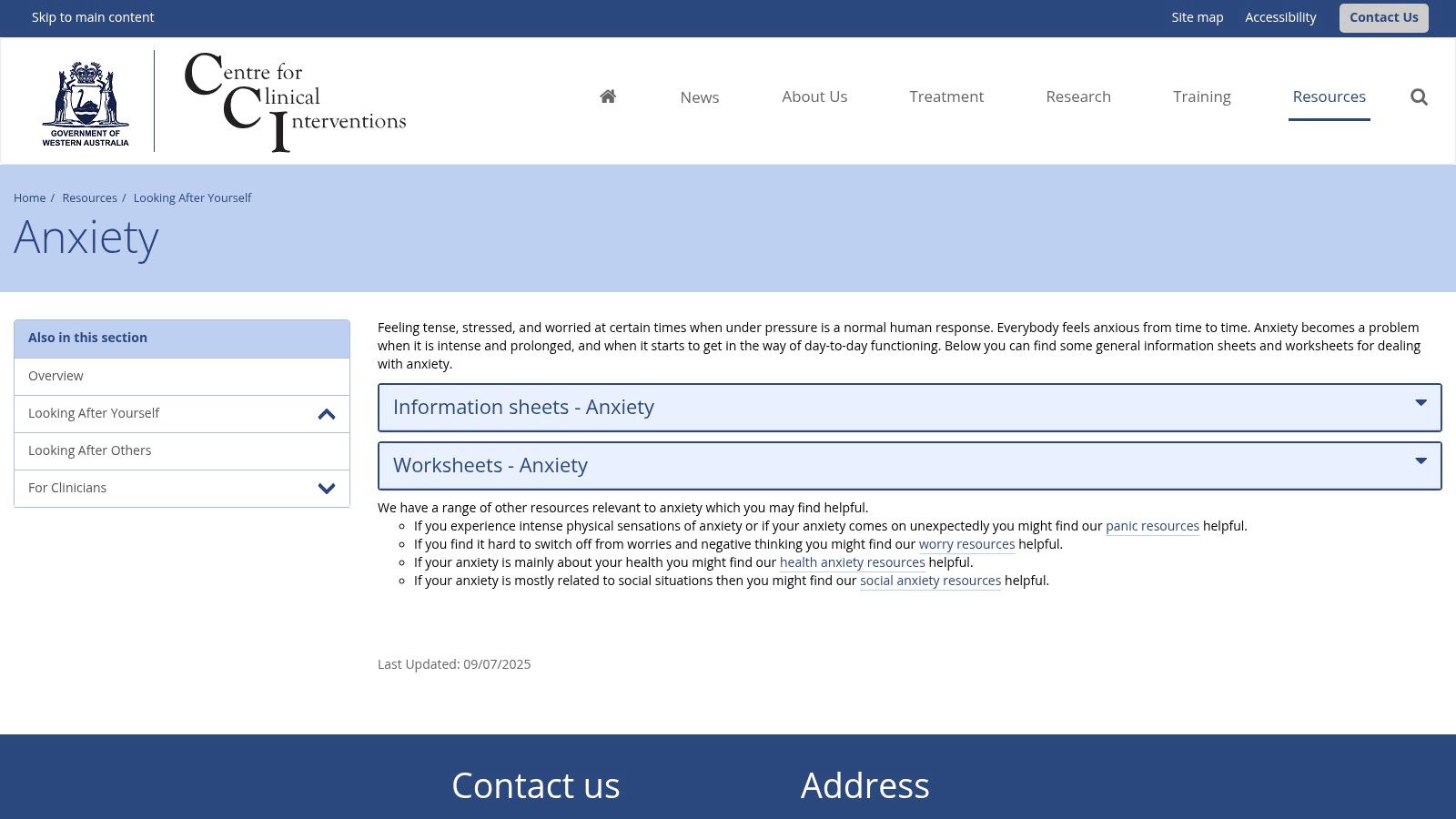 Printable anxiety worksheets and resources from the Centre for Clinical Interventions