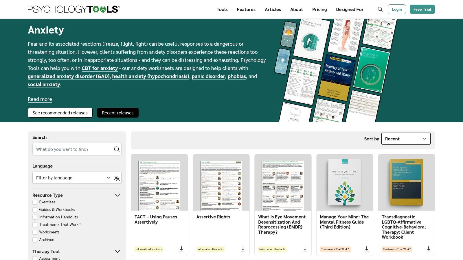 Psychology Tools anxiety resources and worksheets