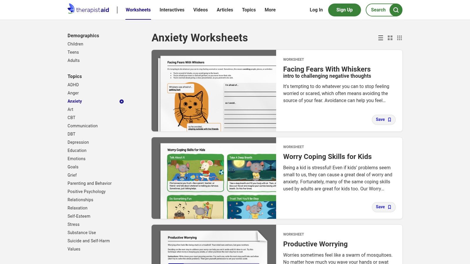 Therapist Aid anxiety worksheet library