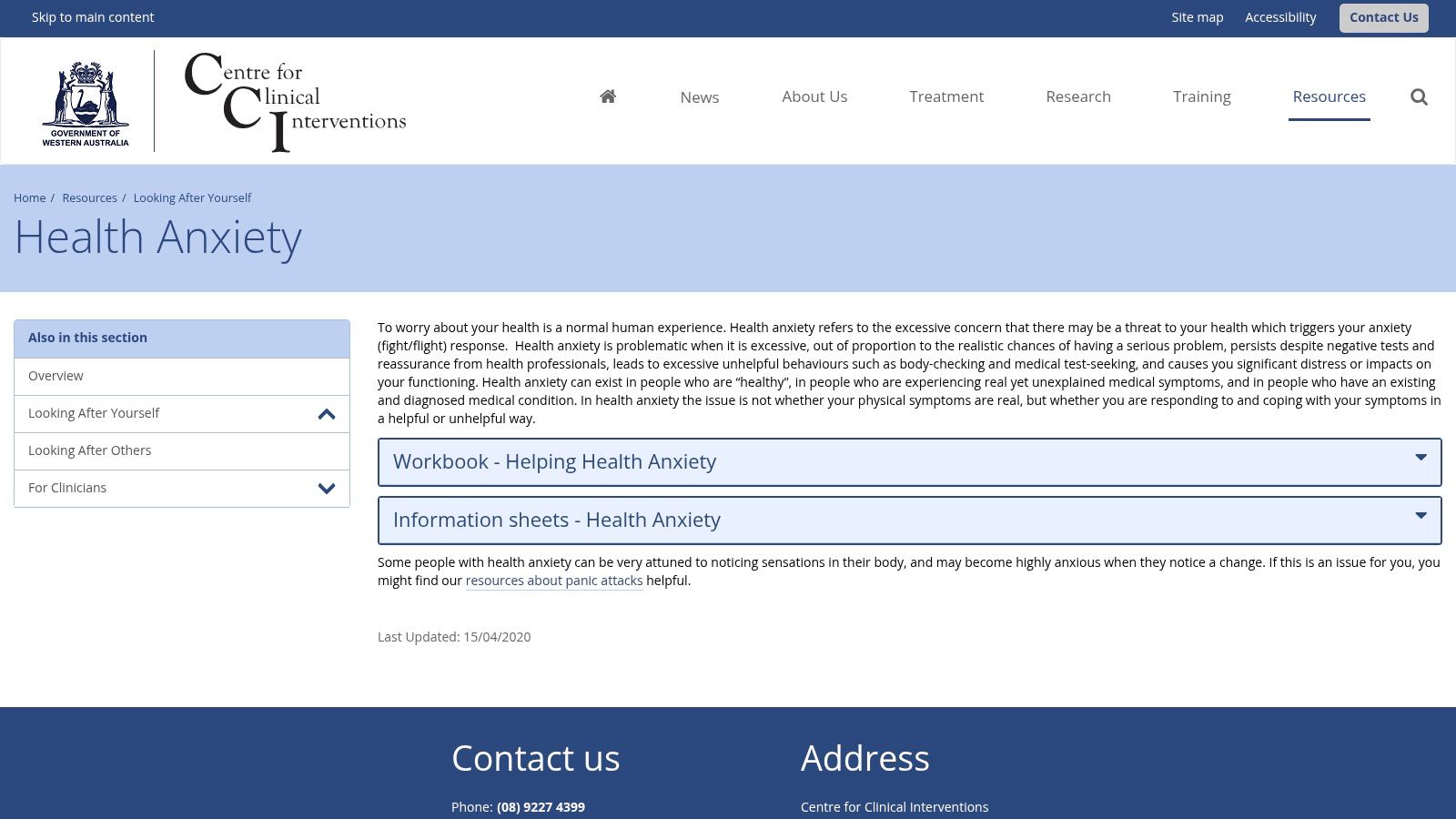 CCI Helping Health Anxiety workbook and resources