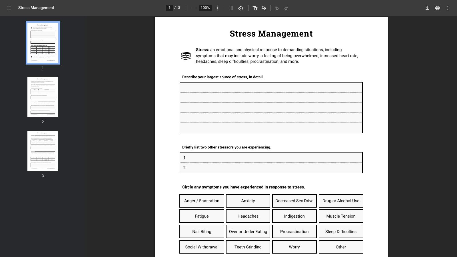 Therapist Aid - Stress Management Worksheet