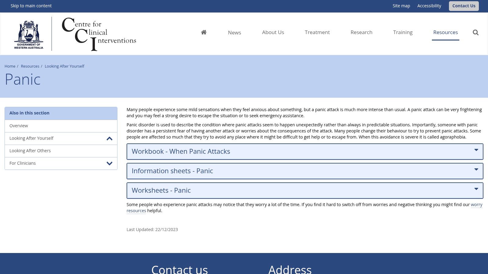 CCI When Panic Attacks workbook and panic resources