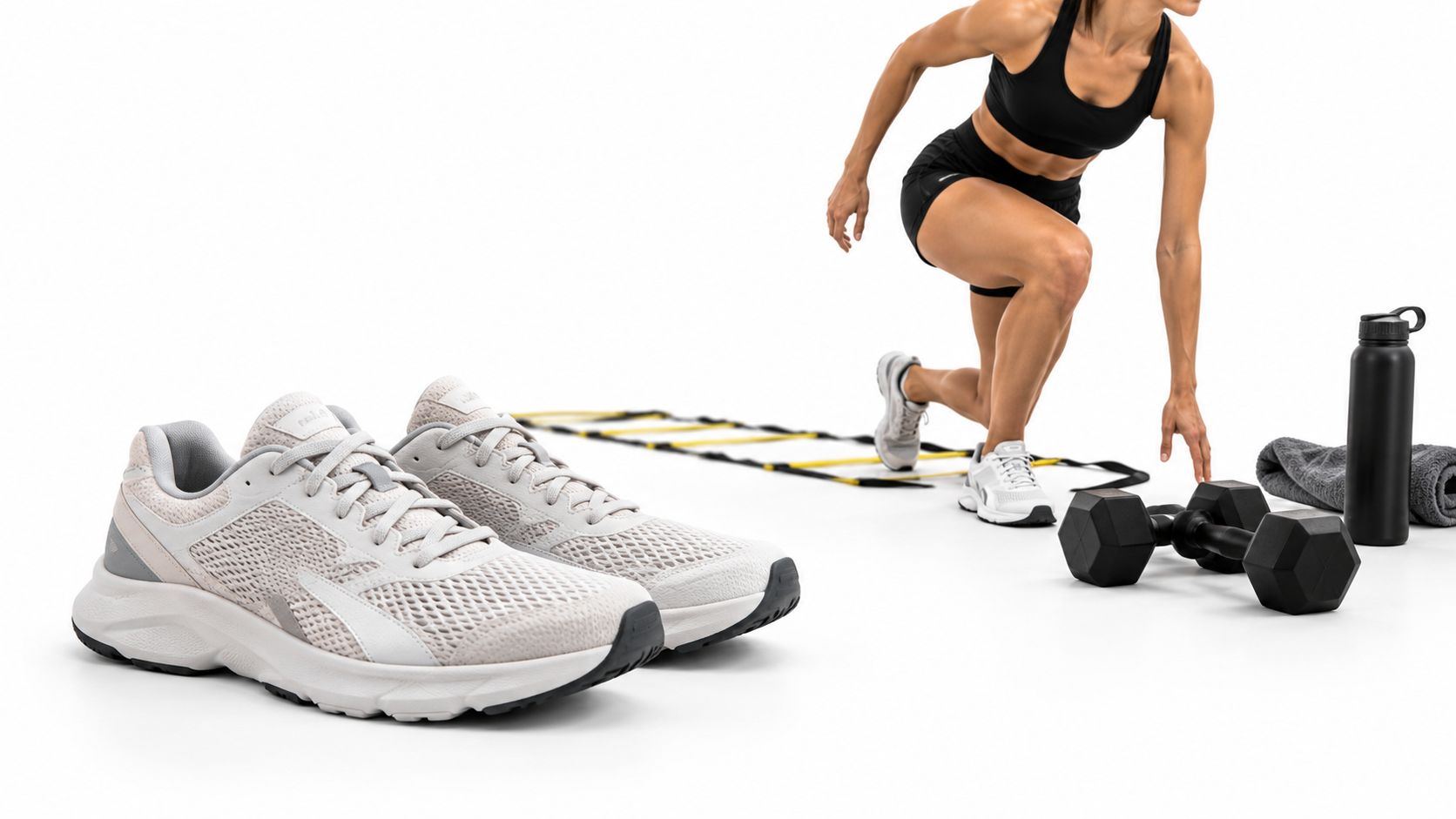 A woman performing a fitness lunge near athletic gear including running shoes, a ladder and dumbbells.
