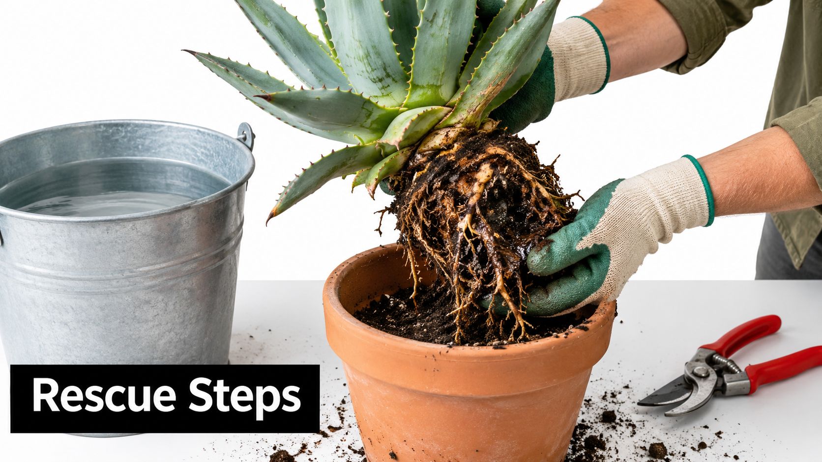 A person wearing gardening gloves repotting an agave plant to treat potential root rot.