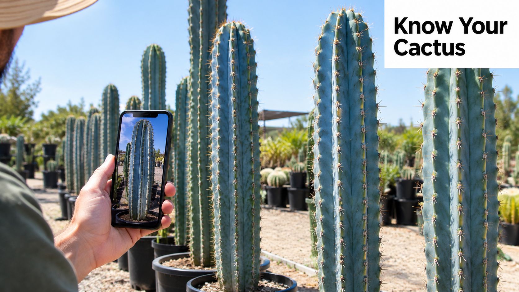 A person holds a smartphone to photograph a tall blue columnar cactus in a nursery setting.