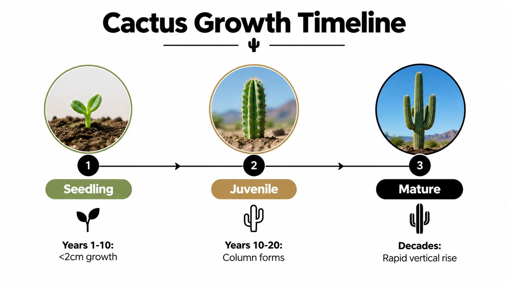 A visual timeline infographic illustrating the three distinct stages of cactus growth from seedling to maturity.