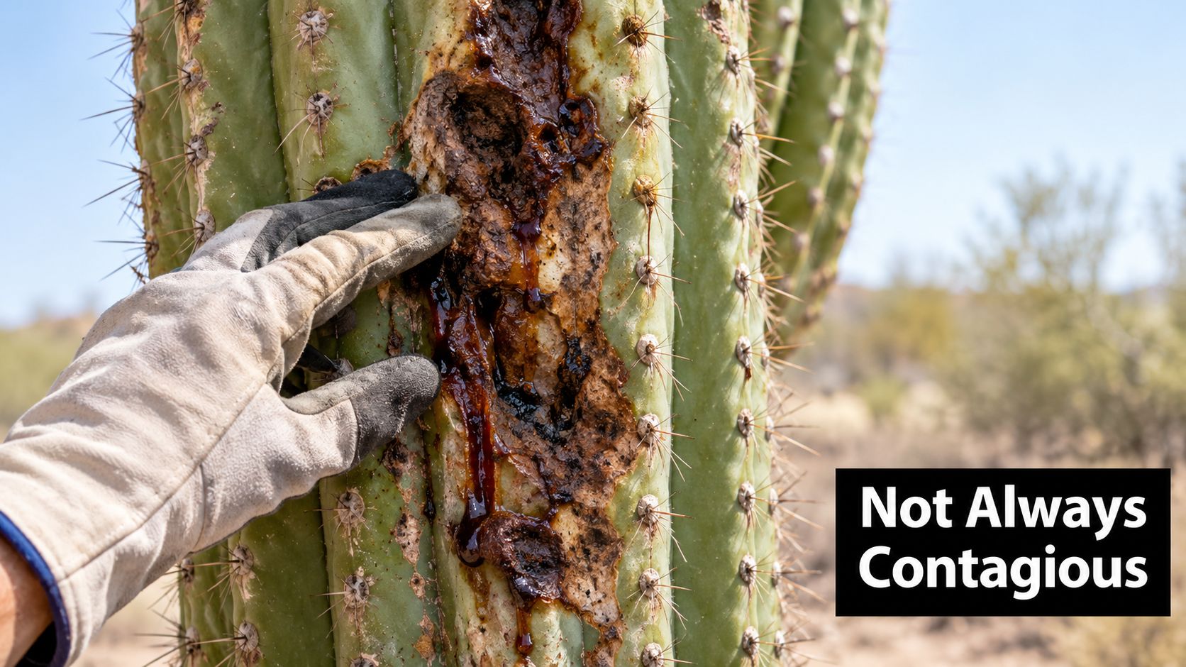 A gloved hand touches a dark, oozing lesion on the trunk of a diseased saguaro cactus.
